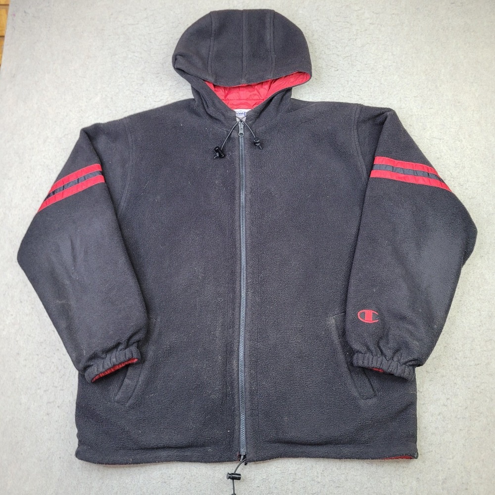 Vintage Champion Reversible Jacket Mens L Black Red Hooded Full Zip Fleece‎